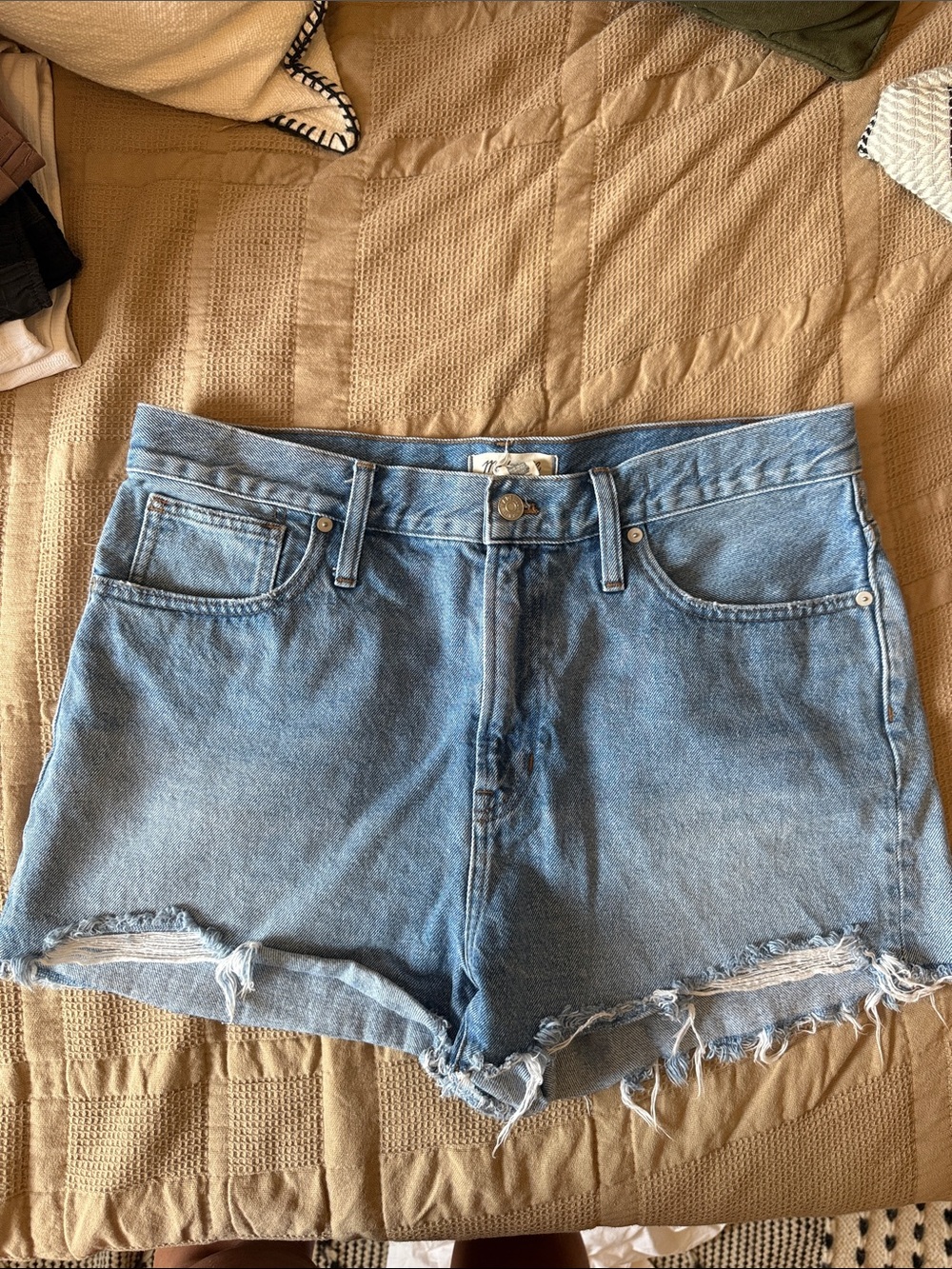 Madewell Distressed Mid-Rise Blue Denim Shorts